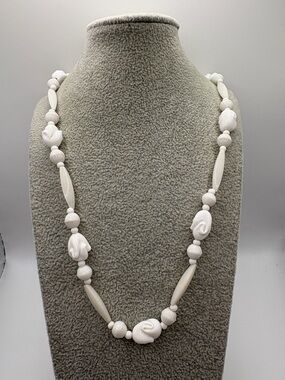 Vintage White Milk Glass Sculpted Bead Strand Necklace 25”